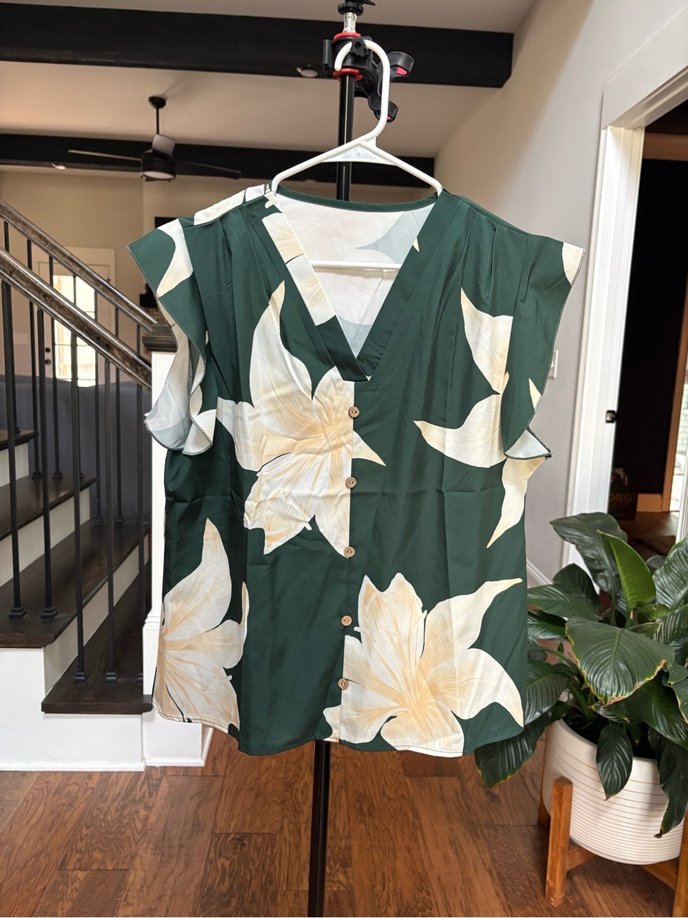 V-Neck Flutter Sleeve Floral Top in Deep Green